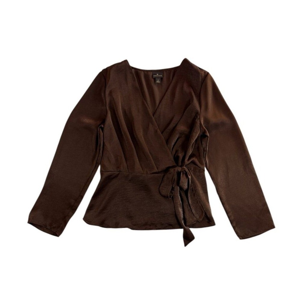 Worthington Wrap Top Women M Brown Long Sleeve Satin Feel Wrap Peplum
